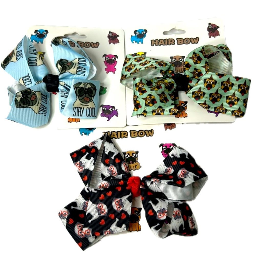 PUG Dogs Grosgrain All Over Print Bundle of 3‎ Adorable Hair Bows Super Cute NWT